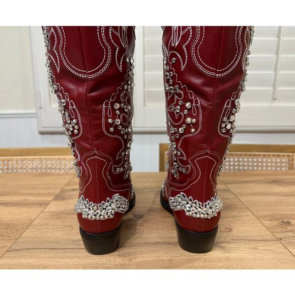 Azalea Wang Maisie Embellished Western Boot Red Faux Leather 8.5 NWOB Crystals - Picture 15 of 16